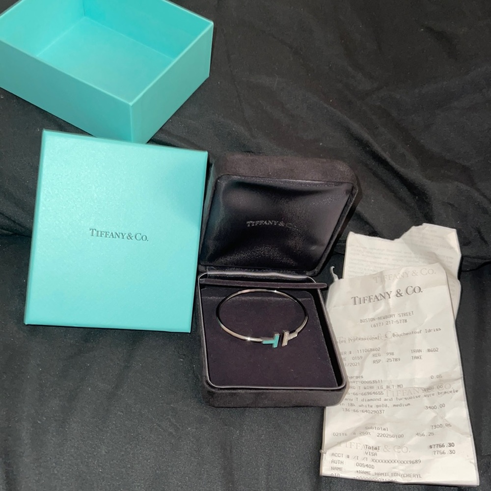 Tiffany & Co. Diamond and turquoise wire bracelet in 18k white gold, medium